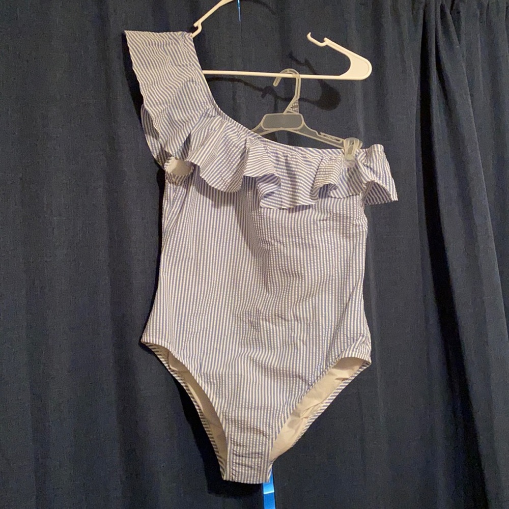 J crew bathing suit size xl seersucker blue